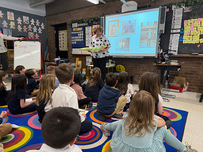 J.N. Courtney talking about crocodiles with first-graders in Pennsylvania